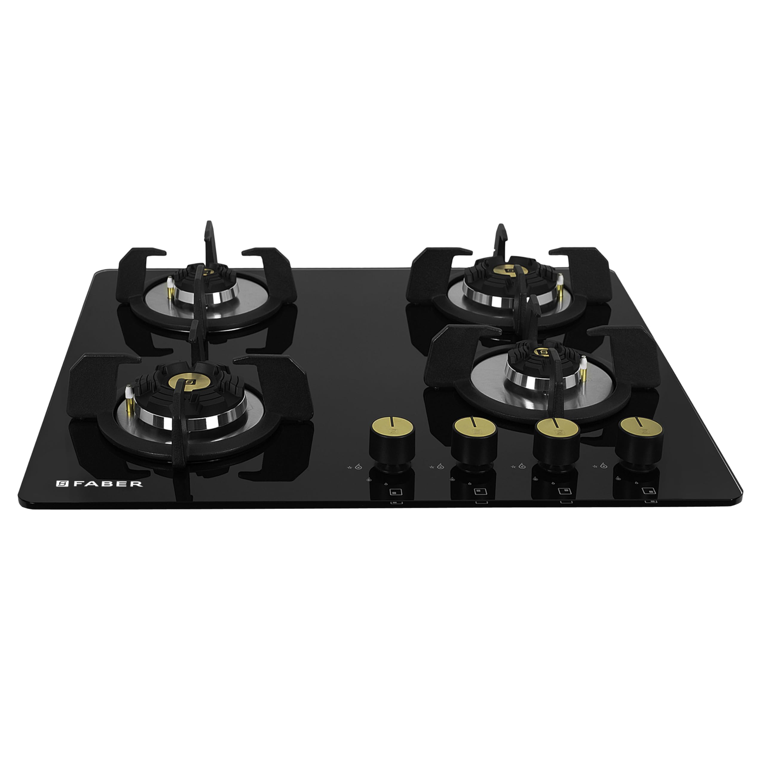 Hob/Hobtop 4 Brass Burner Auto Electric Ignition Glass and Mild Steel Top (Maxus HT604 CRS BR CI AI) Black
