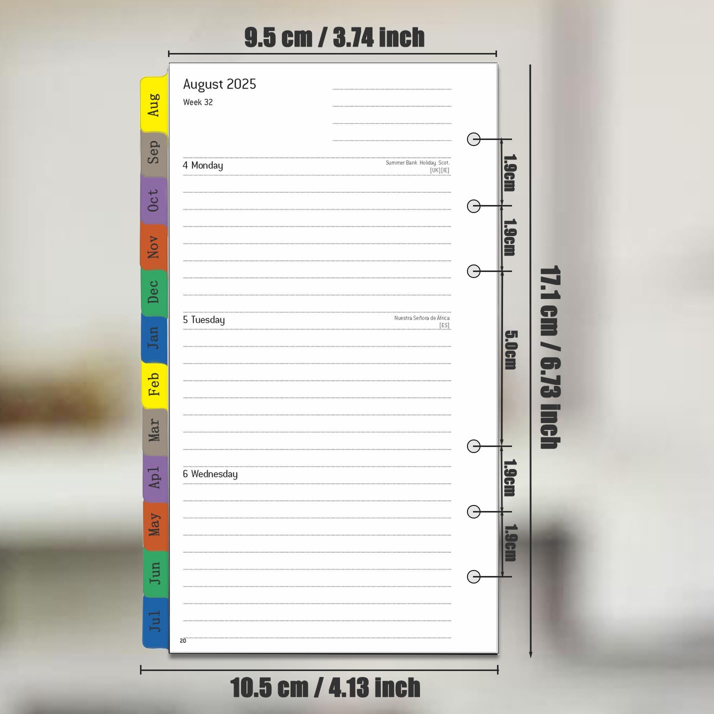 Recharge Pour Agenda Semainier 2026 Format A5, Vertical 7h