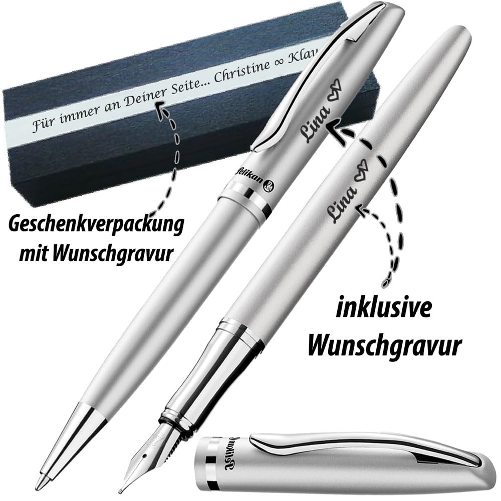 Pelikan - Kugelschreiber und Füller im Set Farbe Silbermatt mit Gravur | Wunschsymbol | Geschenkverpackung | Jazz Elegance Silber 1 Kugelschreiber1 Füllhalter PS61Box2