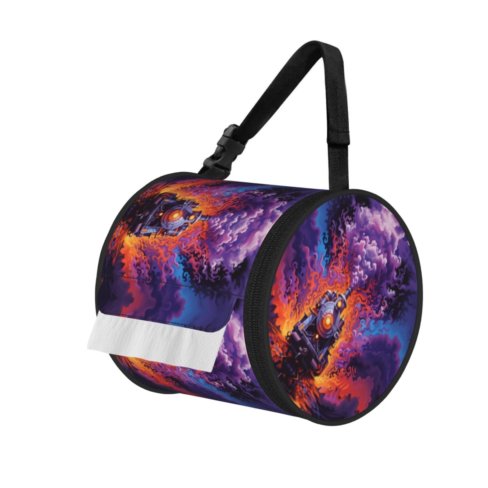 Steam Locomotive Print Round Tissue Dispenser Bag With Carry Strap, Portable Roll Holder For Car Travel Home