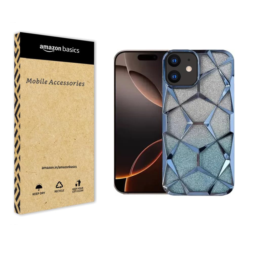 amazon basics iPhone 14 Gradient Glitter Case, Luxury Electroplated Geometric 3D Cube, Diamond Bling Shiny Soft TPU Clear Shockproof Protective Phone Cover (Blue)