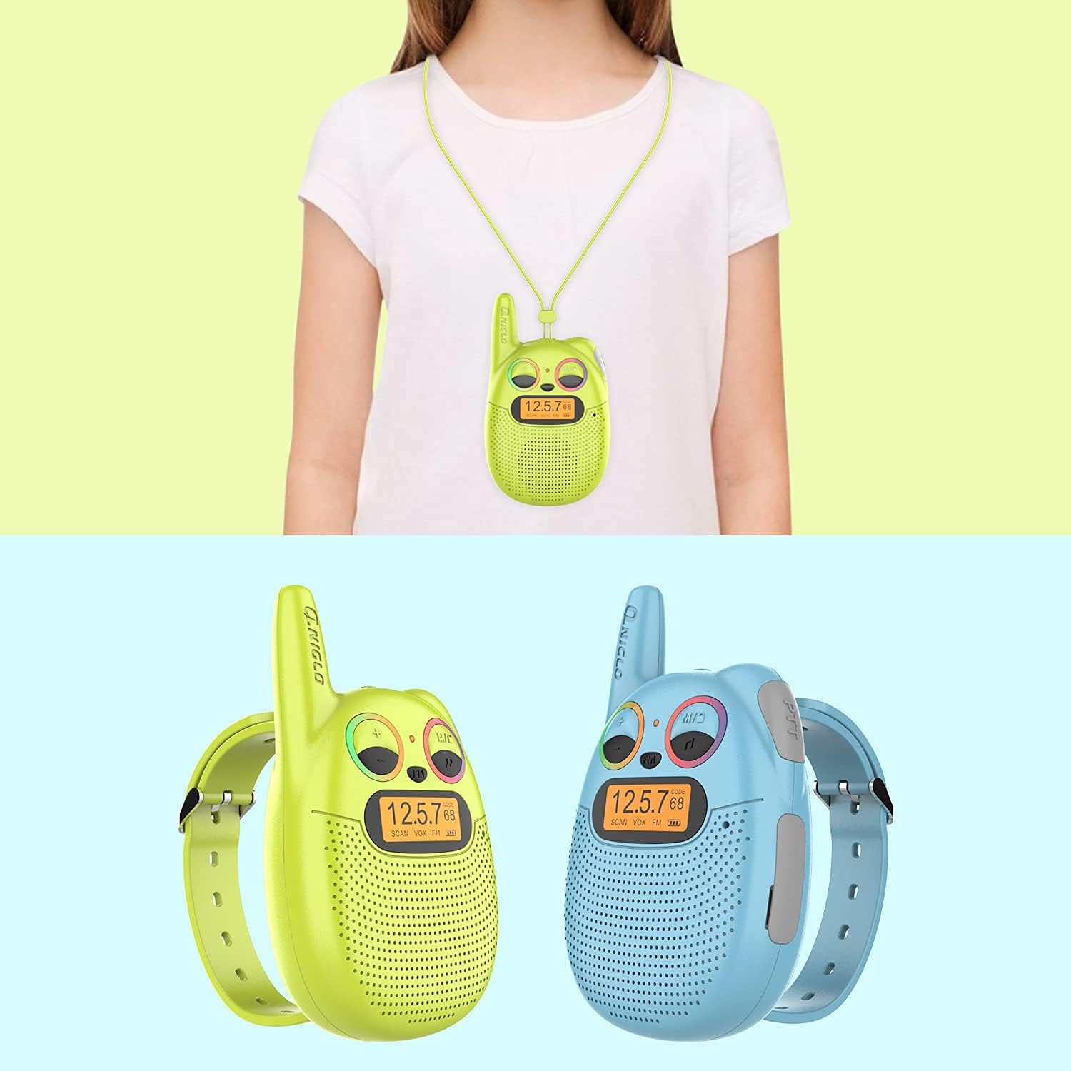 QNIGLO Walkie Talkie Recargable Niños, Se Puede Usar en Muñeca 3 Kilómetros de Largo Alcance 10 Tonos de Llamada Niños o Niñas de 3 a12 Años Regalos de Cumpleaños, para Aventuras Montar en Bicicleta
