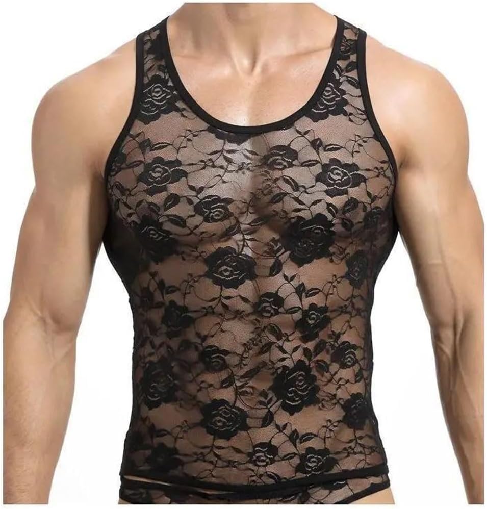Men Tank Tops Sheer Lace Sleeveless Slim Fit Printed Casual Vest