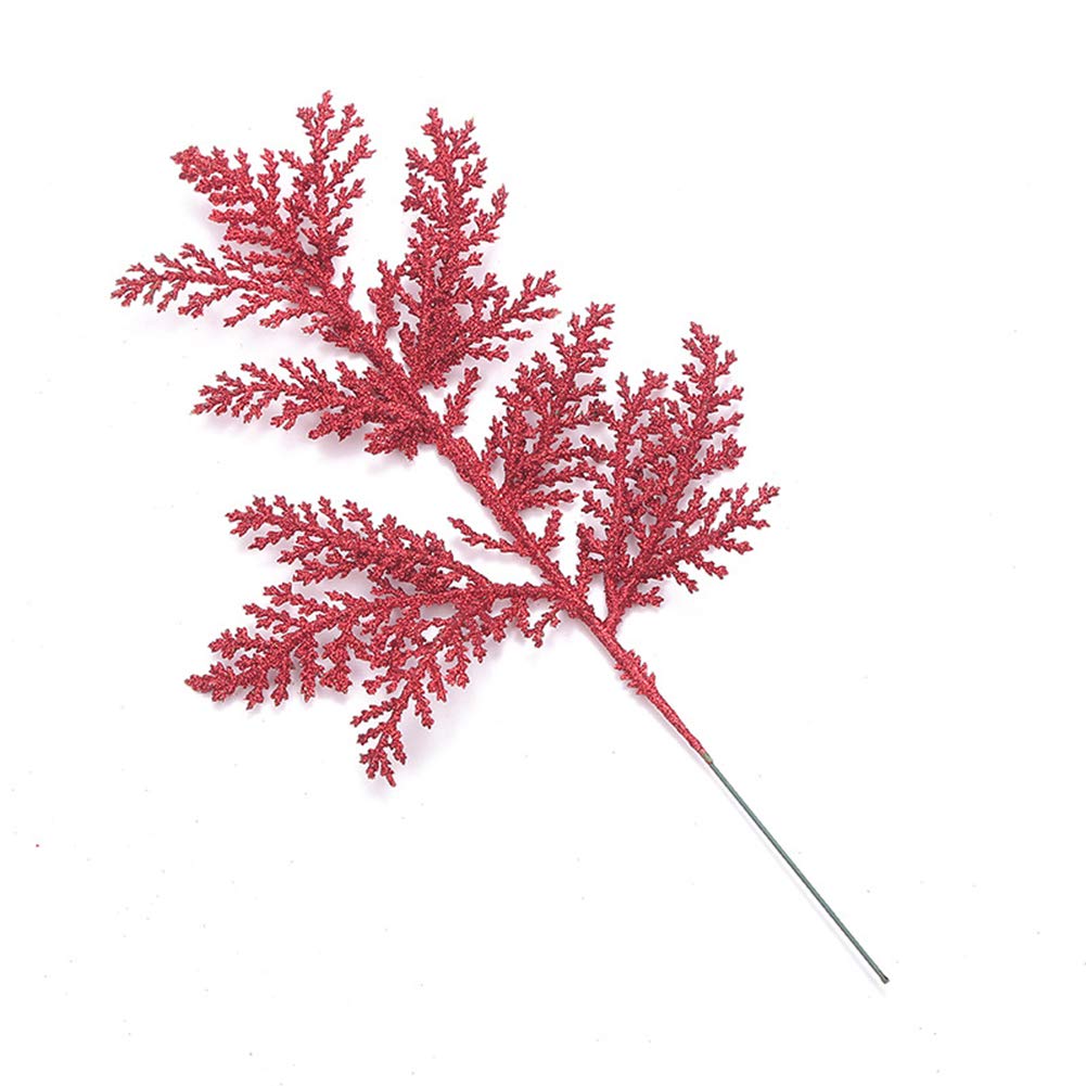HANTURE 12pcs Artificial Christmas Leaves Picks Red Glitter Pine Needles Branches DIY Accessories Simulated Fern Leaf Christmas Floral Picks for Xmas Tree Wreath Wedding Decoration