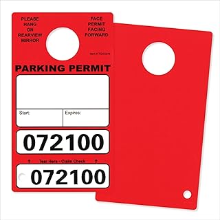 100 Parking Permit Hang Tags for Car Rear View Mirror, with Vehicle Claim Check. Printed in Black with Bold Black Numbers on Durable Red Card Stock. Parking Pass with Perforated Cardstock Key Tag.