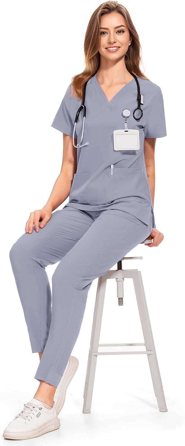 COZYFIT Medical Scrubs for Women Set - Curved V-Neck Scrub Top & Jogger Pants with 8 Pockets - Image 6