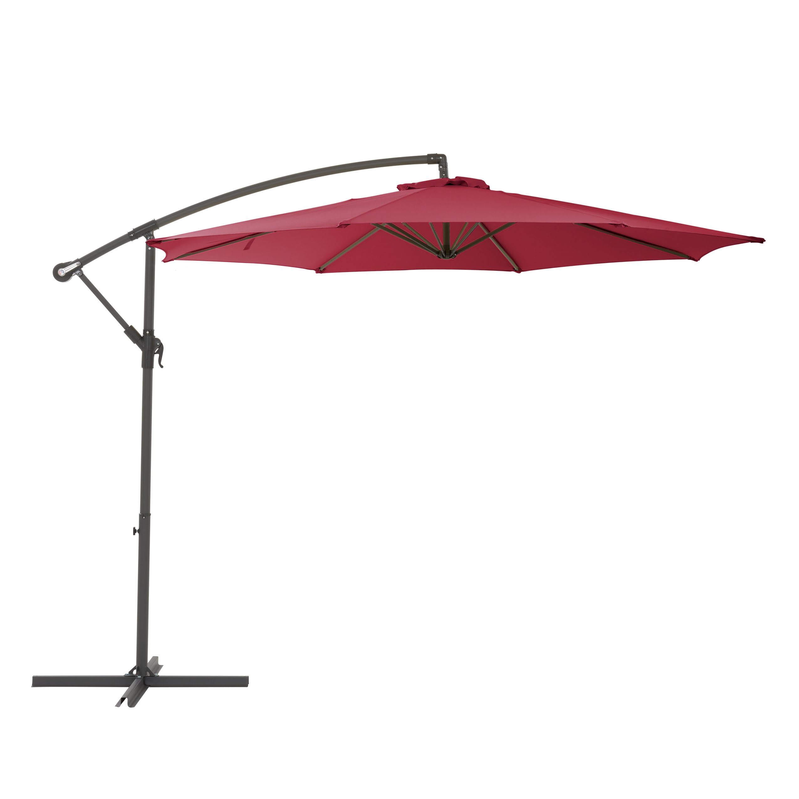 CorLiving 9.5ft Tilting Offset Patio Umbrella, Outdoor Hanging Umbrella with Crank and Cross Base, For Backyard, Deck, Garden, Patio, Wine Red