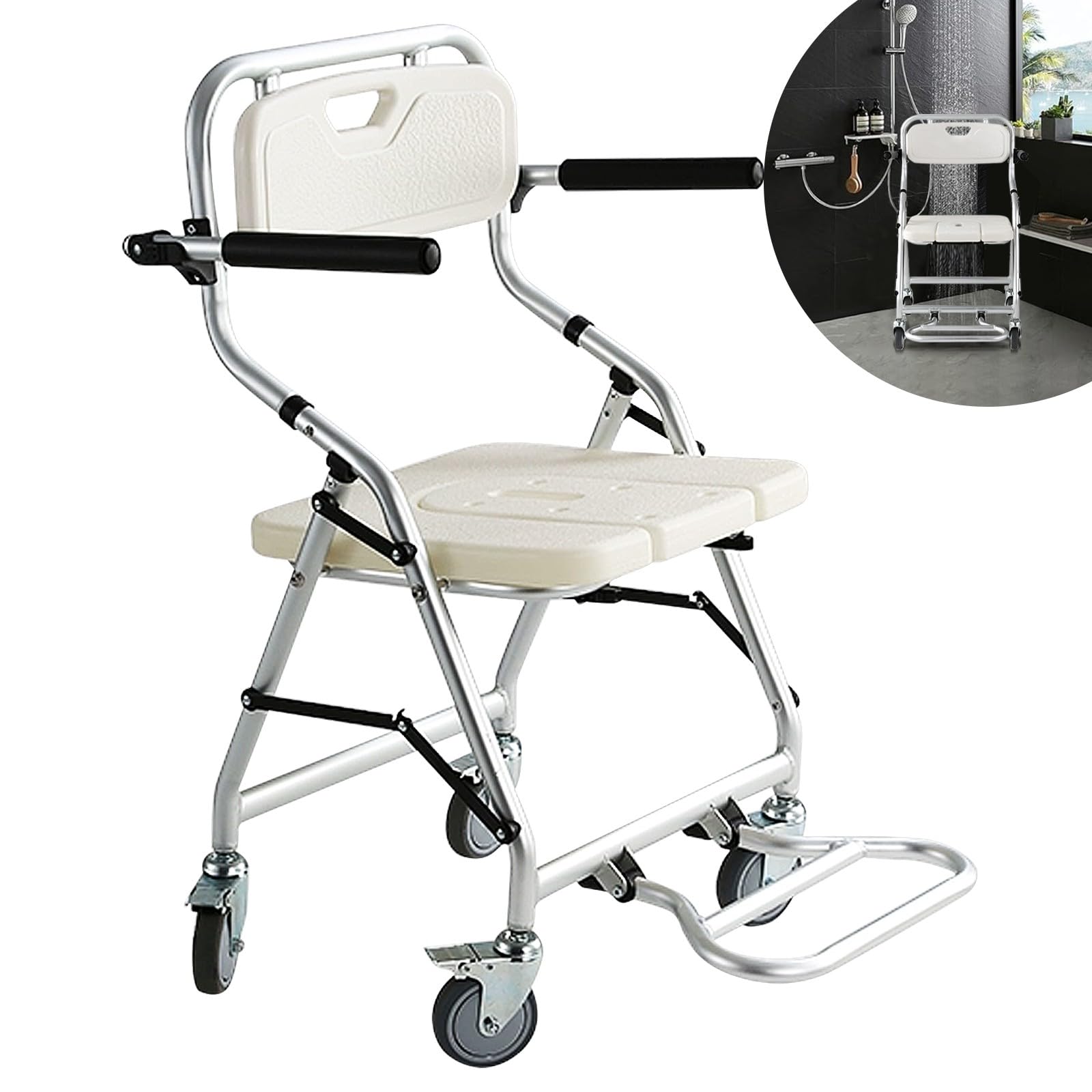 Sedie per Doccia Anziani e Disabili Pieghevole, Professionale Sedia a Rotelle per Doccia, Sgabello Doccia con Braccioli e Poggiapiedi - Robusto e Durevole - Impermeabile e Antiruggine