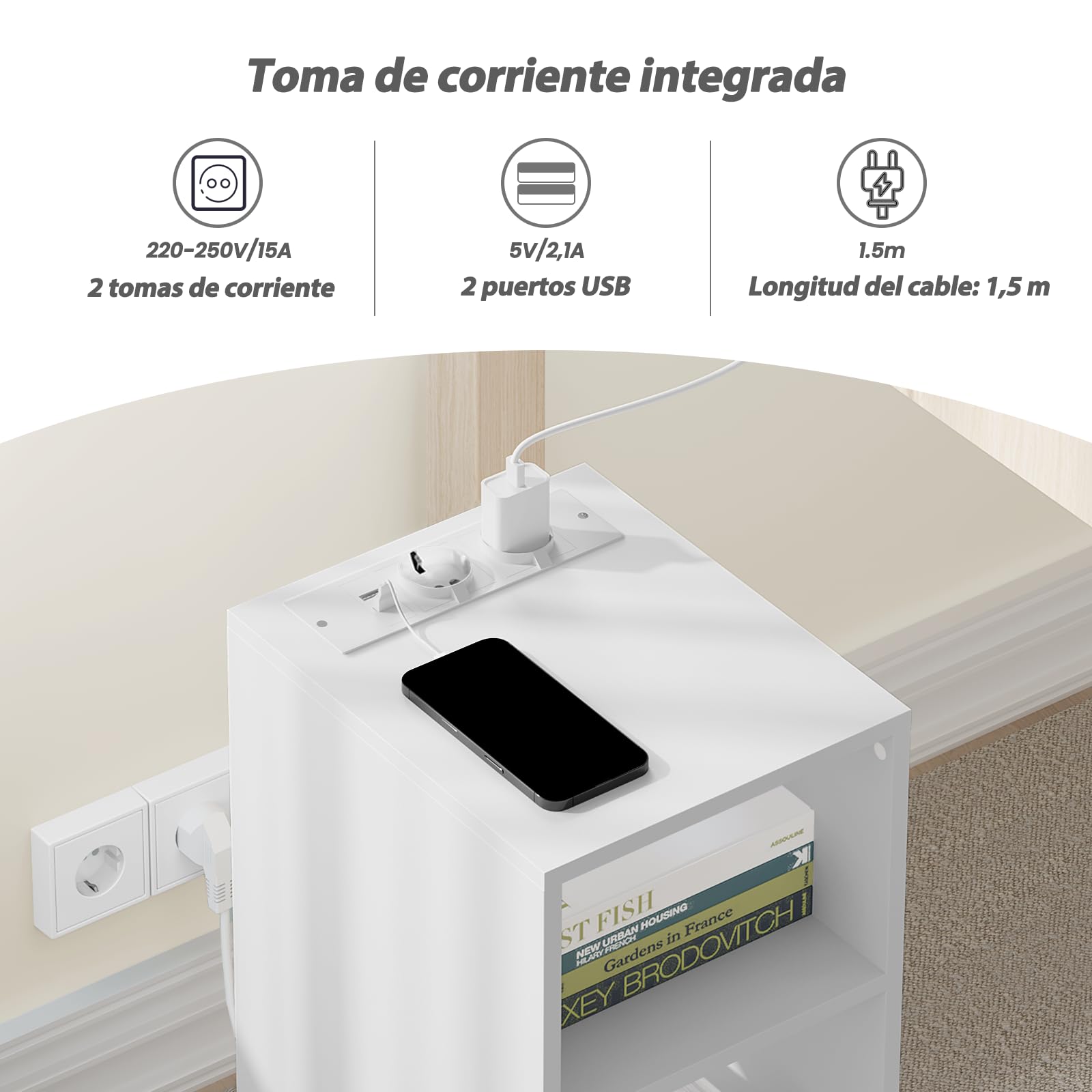 WOLTU Mesita de Noche, Mesilla de Noche con 2 Enchufes y 2 Puertos USB, Mesita Auxiliar con 2 Compartimentos Abiertos, para Salón y Dormitorio, Blanca, 25x30x60 cm, NTS06ws | Mesa auxiliar, 2 puertos USB+2 enchufes, 25 x 30 x 60 cm