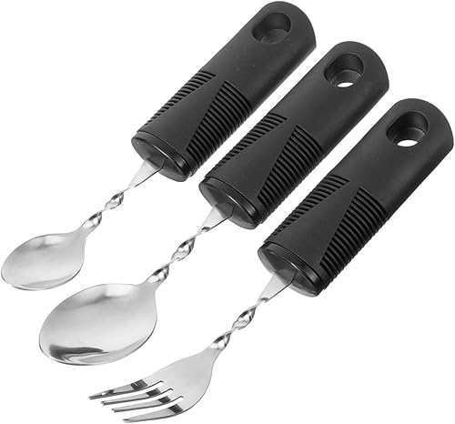 Miniatura 6 de Beavorty Utensilios adaptativos 3 piezas de cuchara curvada tenedor con no asas de acero inoxidable para comer cubiertos para temblores de manos