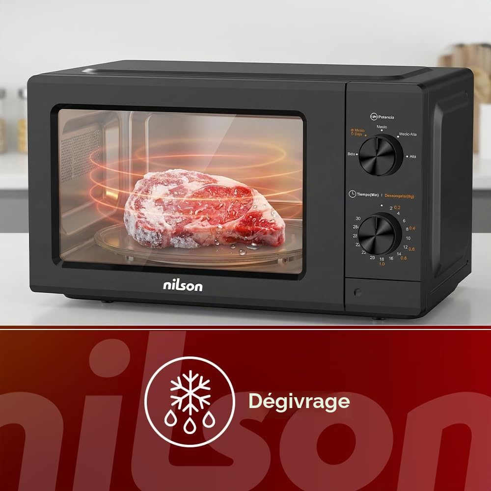 Nilson Micro-ondes, 19L, Installation Gratuite, Noir NMW2701N, 700W, 5 Programmes, Mécanique, Dégivrage, Revêtement intérieur, Nettoyage facile, Minuterie 30 Minutes