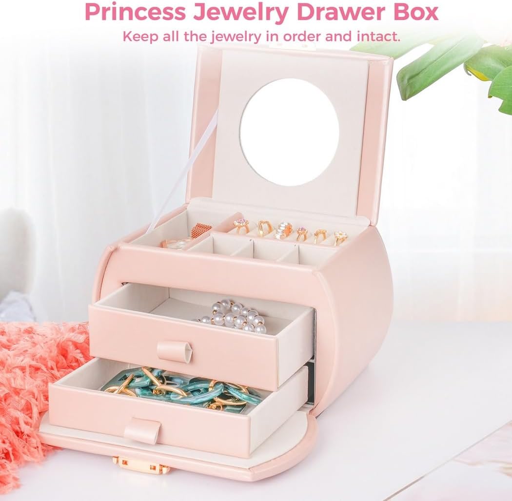 Princess Jewelry Box for Girls, Tiered Design with Lock Key and Mirror, Travel-Friendly Kids Jewelry Storage Case, Great Birthday Present
