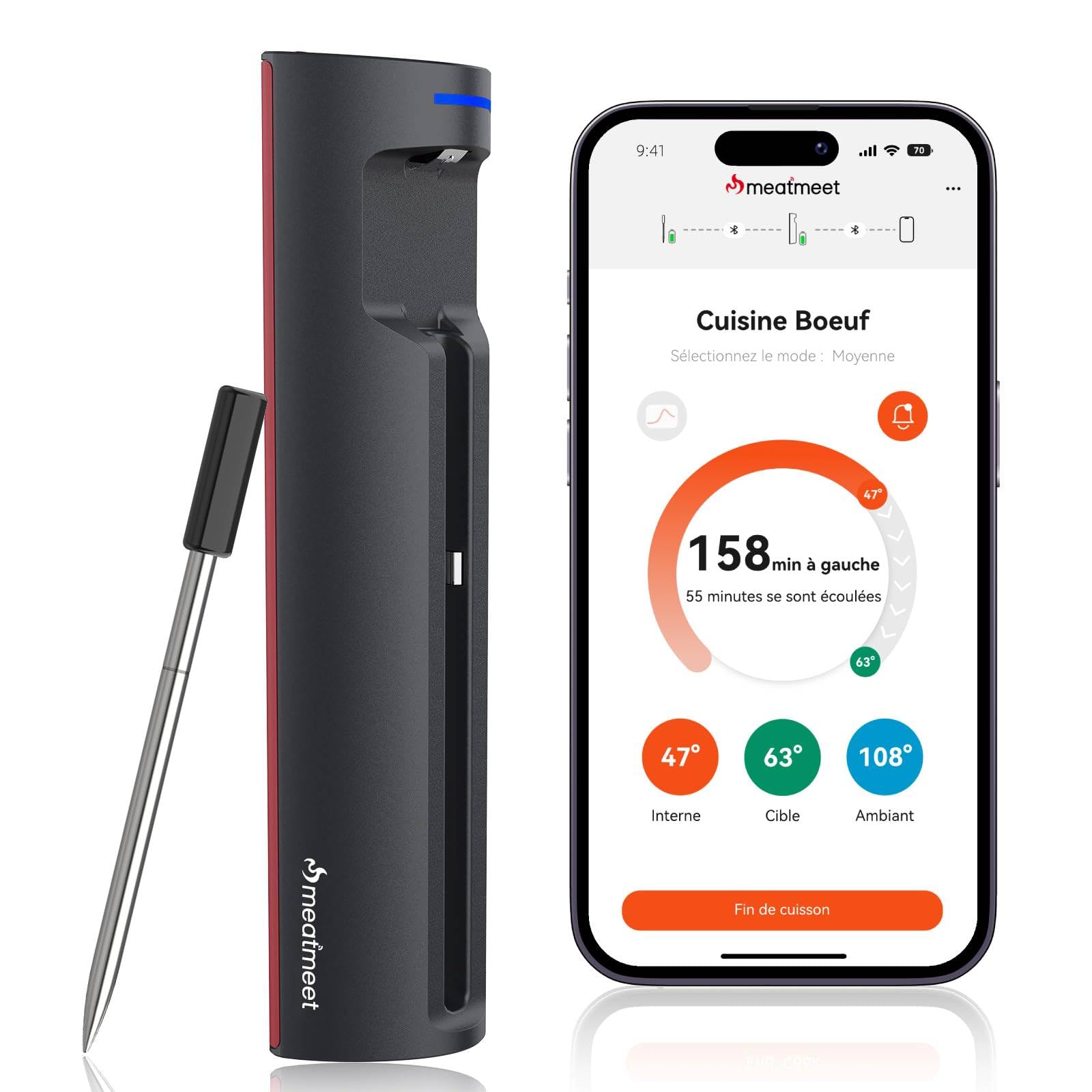 Thermomètre à viande Wi-Fi | Sonde sans fil longue portée pour four, gril, friteuse à air, barbecue | Capteurs doubles | Étanchéité IP67