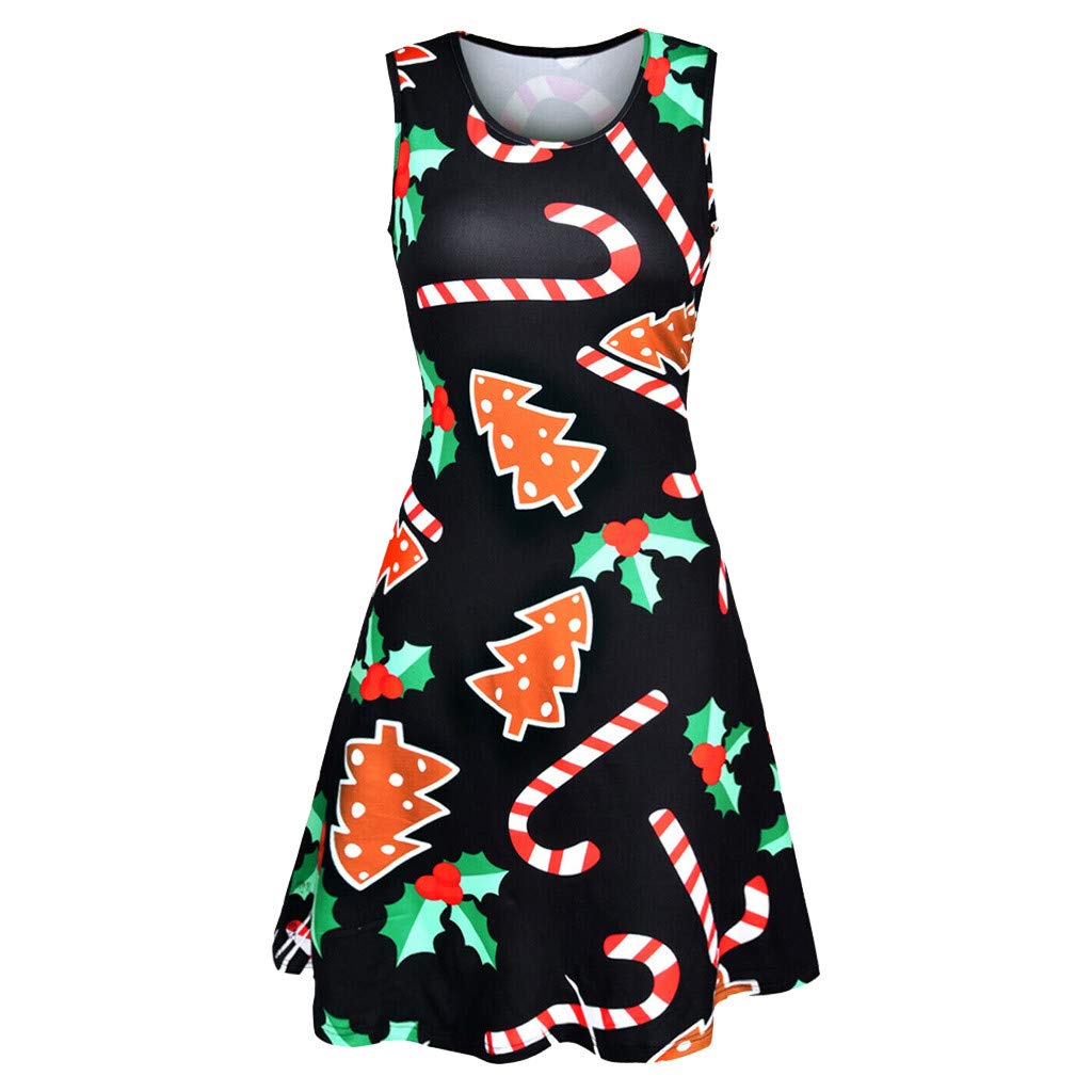 Xmiral Women Sleeveless O-Neck Christmas Printed Dress Slim Elegant Mini Dress