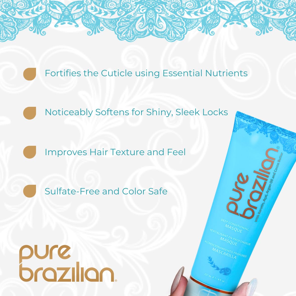 Pure Brazilian Deep Conditioning Masque with Brazilian Keratin, Acai & Arginine, Deep Conditioner Hair Treatment, 8 Fl Oz - Image 2
