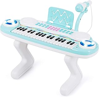 COSTWAY 37 Keys Piano Keyboard with Light, Kids Keyboard with Stand, Piano Toy Electronic, Musical Instrument with Recording and Play Function, Includes Microphone (Blue)