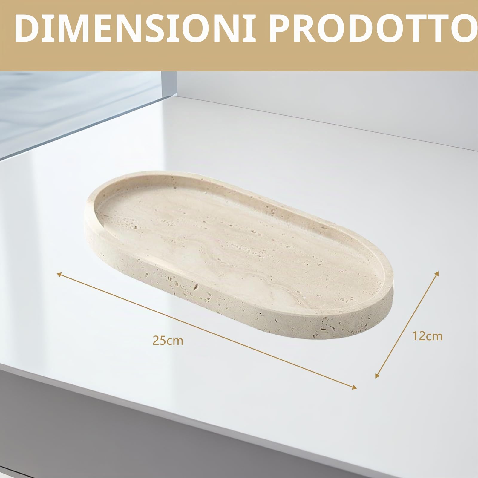 Vassoio, 25 x 12 cm Vassoio Portaoggetti Ovale da Bagno in Travertino Beige Scatola di Immagazzinaggio con Bordo Rialzato per Prodotti Cosmetici Prodotti per la Cura Della Pelle Gioielli Profumi