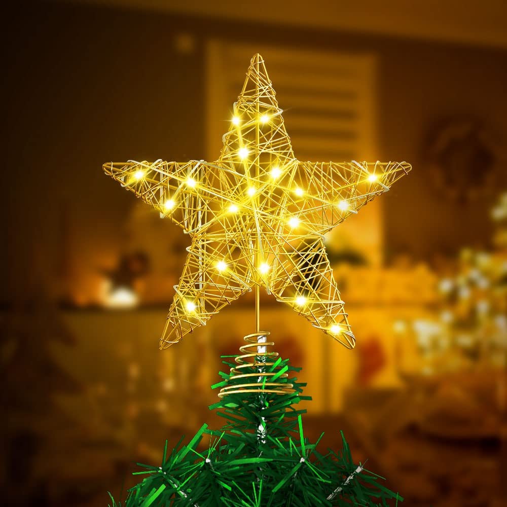 DERANQIIUA Christmas Tree Topper, Lighted with 20 LED Warm White Battery Powered Copper Lights, StarTree Topper Lighted for Christmas Tree Decorations, Star Tree Topper (Gold Star)
