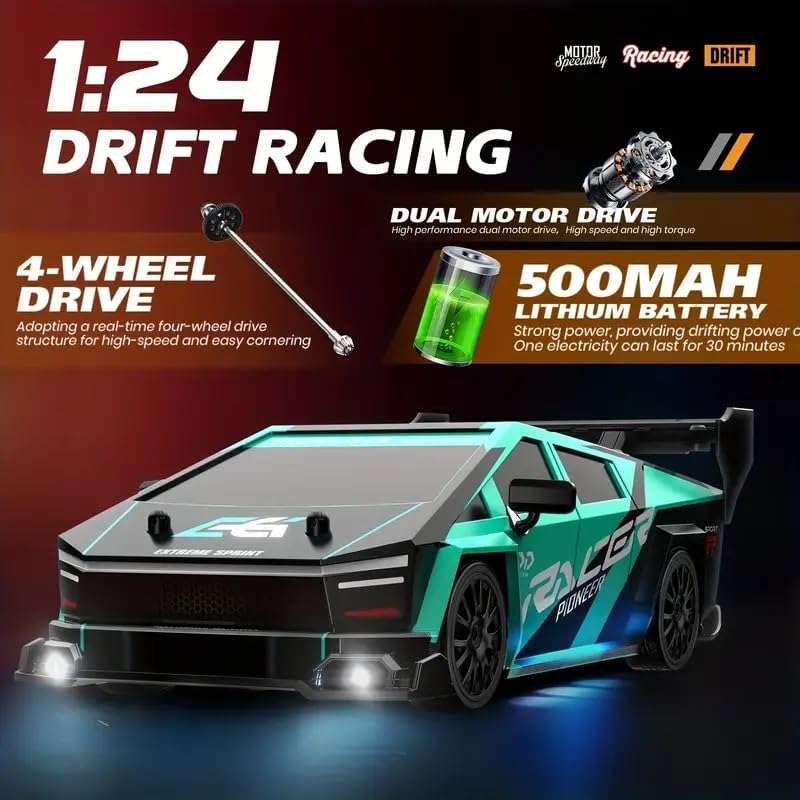 Image of Teesla Remote ControlledCar Drift, 1:24 RC Drift Car, 25 km /h, 4WD, 2.4 GHz Remote Controlled Racing Car, with LED Lights, Racing Toy, Birthday Gifts for Children from 8 Years