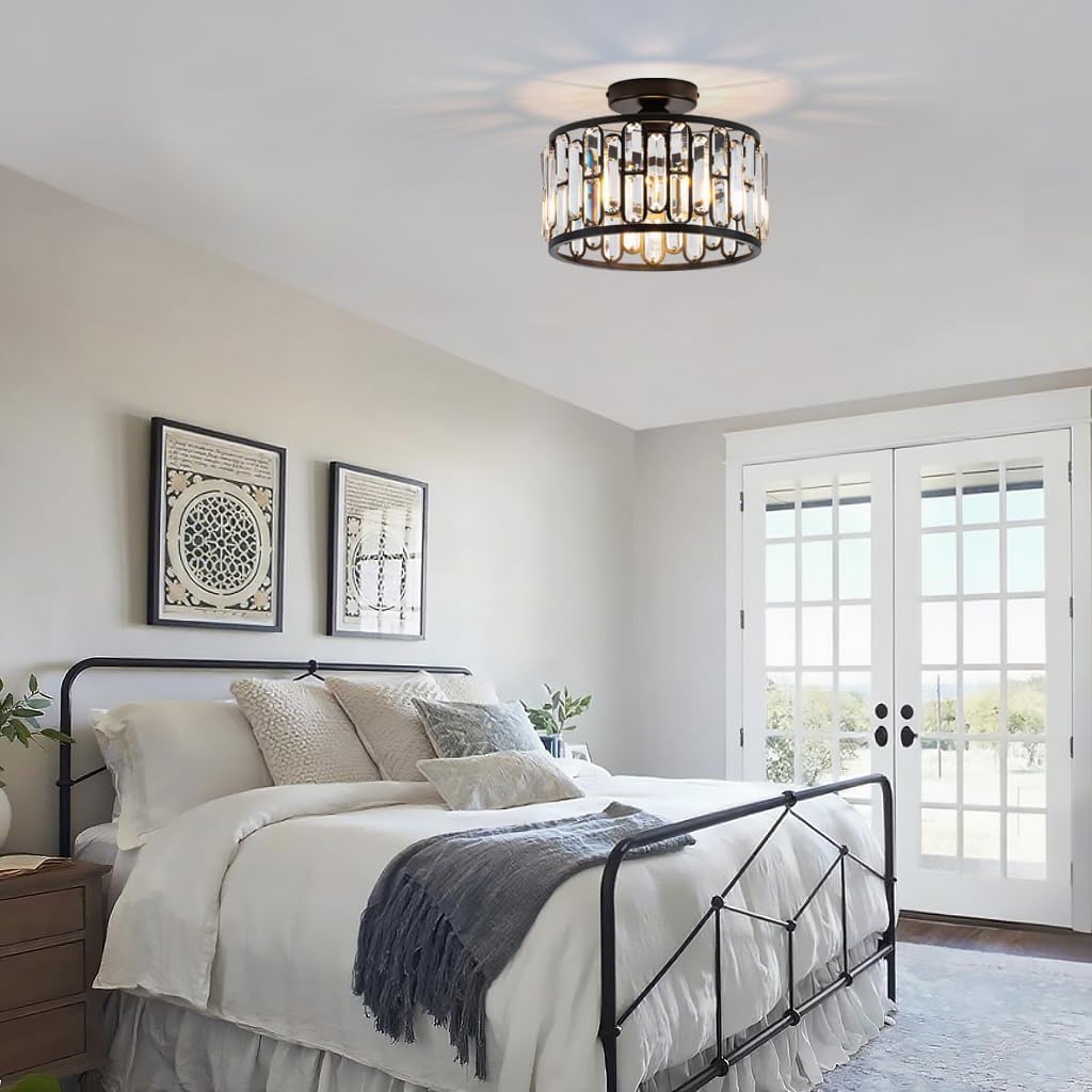 Crystal Ceiling Light Fixture - Modern Semi Flush Mount Chandelier with Crystals for Bathroom Bedroom Entryway Hallway Closet 1 Light 11.6" Diameter