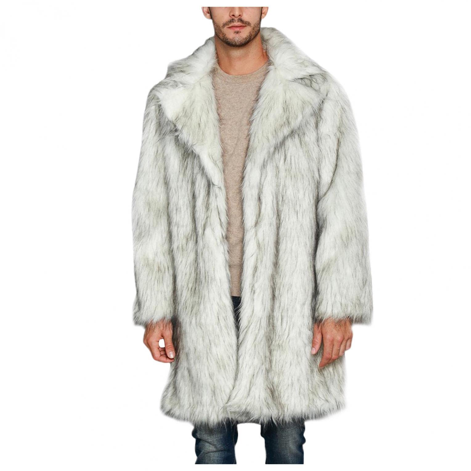 Stoota Men's Fashion Solid Color Cardigan Faux Fur Jackets, Warm Wind Breaker Longline Turn Down Coat Plus Size