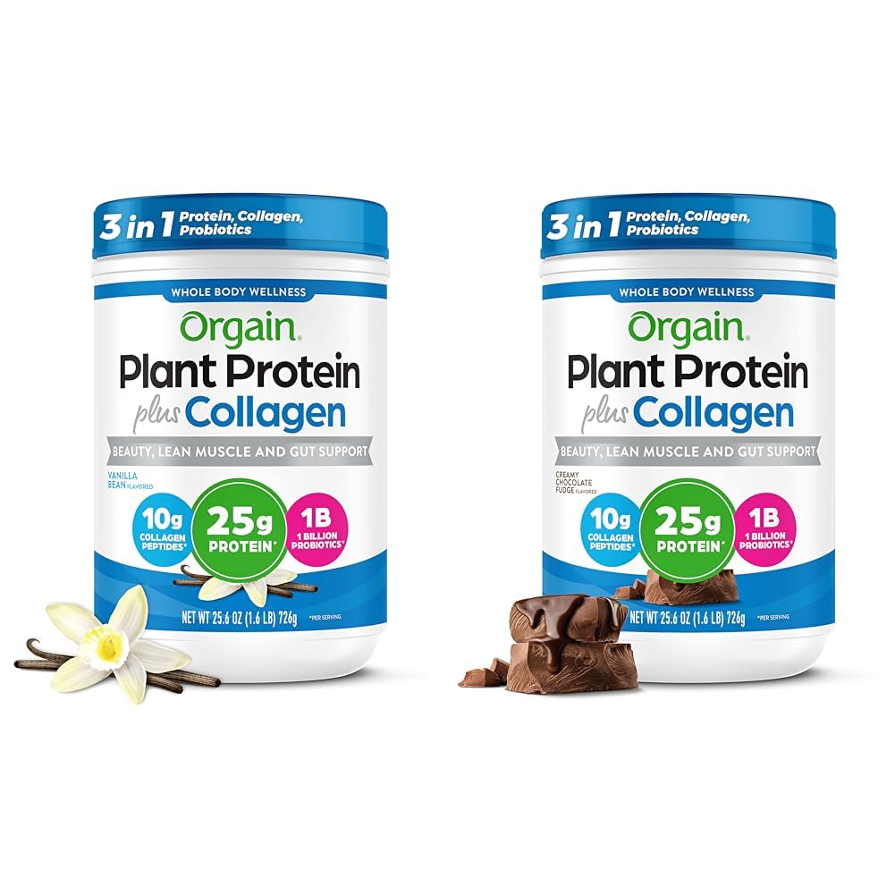 Orgain Protein Powder + Collagen, Vanilla Bean & Creamy Chocolate Fudge - 25g Protein, 10g Collagen Peptides, 1B Probiotics - 1.6lb Each