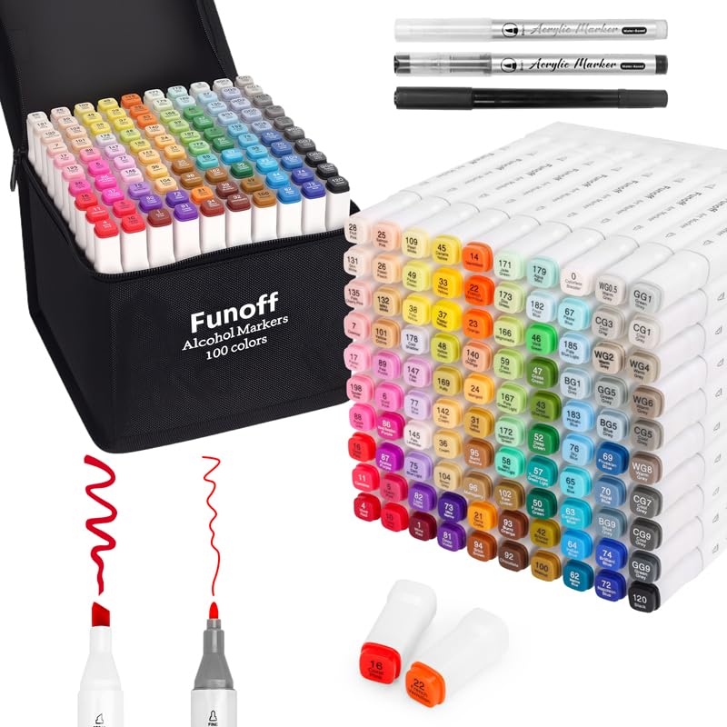 Funoff Alcohol Markers 100 Colors Fine & Chisel Dual Tip Art Markers Permanent Sketch Marker for Adult Coloring Drawing Sketching Illustration