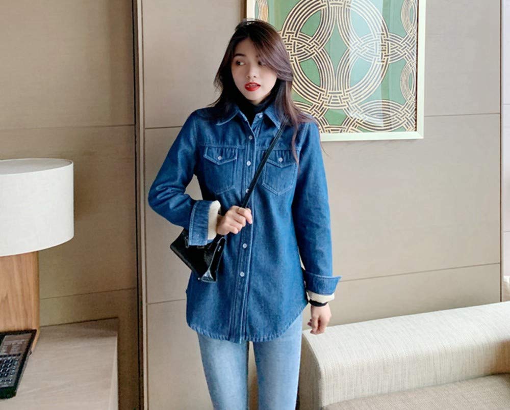 Camicie Da Donna Invernali,Moda Più Velluto Imbottito Signore Autunno E Inverno Calore Imbottito Tasca A Maniche Lunghe Camicia Cotone Flanella Denim Camicia Casual Camicia Blu Grandi Dimensioni Sp