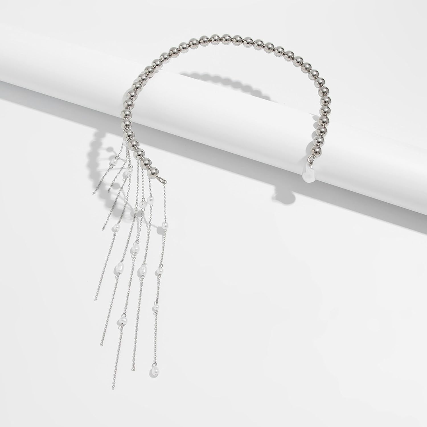 Collar Necklace with Long Pearl Tassel Bead Choker Necklace for Women Statement Jewelry Open Cuff Necklace Formal Prom Dress Accessories Summer Beach Vacation Stuff