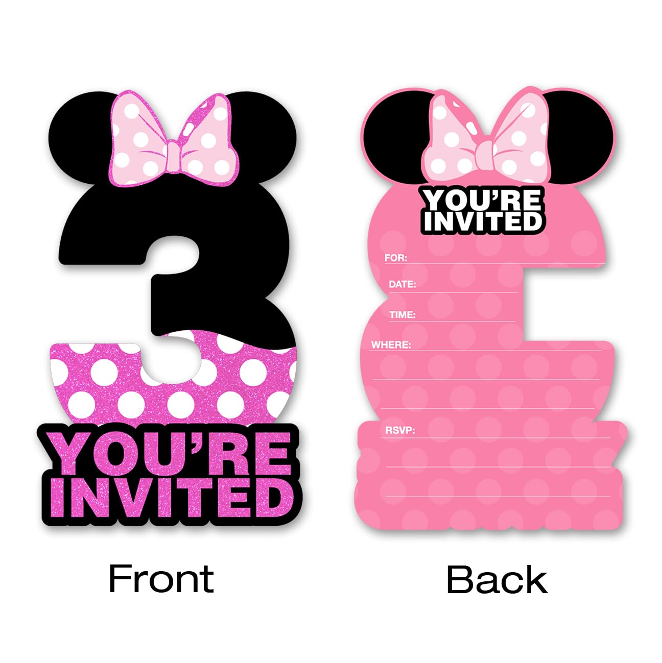 pertnate Mouse 3rd Birthday Party Invitations Girl Pink Glitter Mouse 3 Year Old Girls Birthday Shaped Invitations with Envelopes,Set of 20
