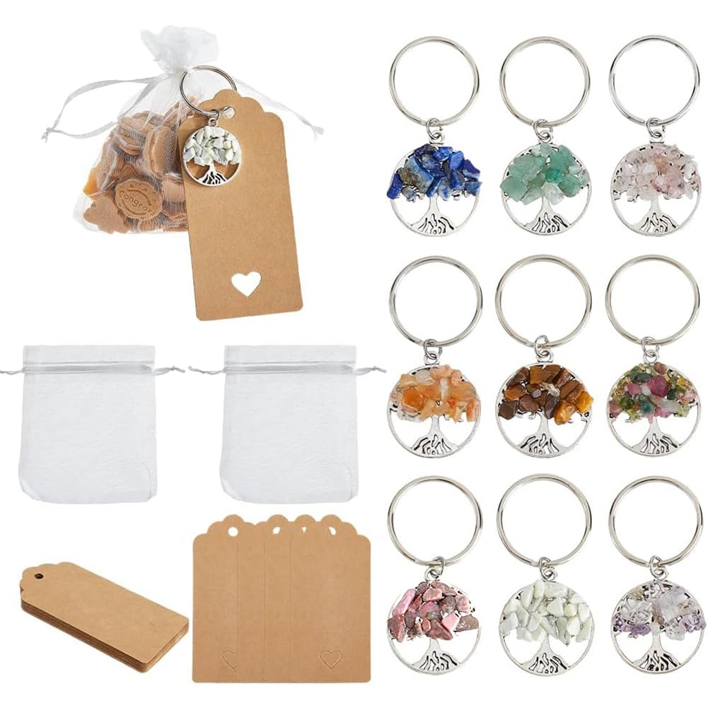 SUPERFINDINGS 18 Sets Tree of Life Party Favors Silver Tree of Life Keychains Gemstone Chip Keychain Bulk Natural Crystal Stone Keyrings with Paper Tags and Organza Bags for DIY Weddings Showers