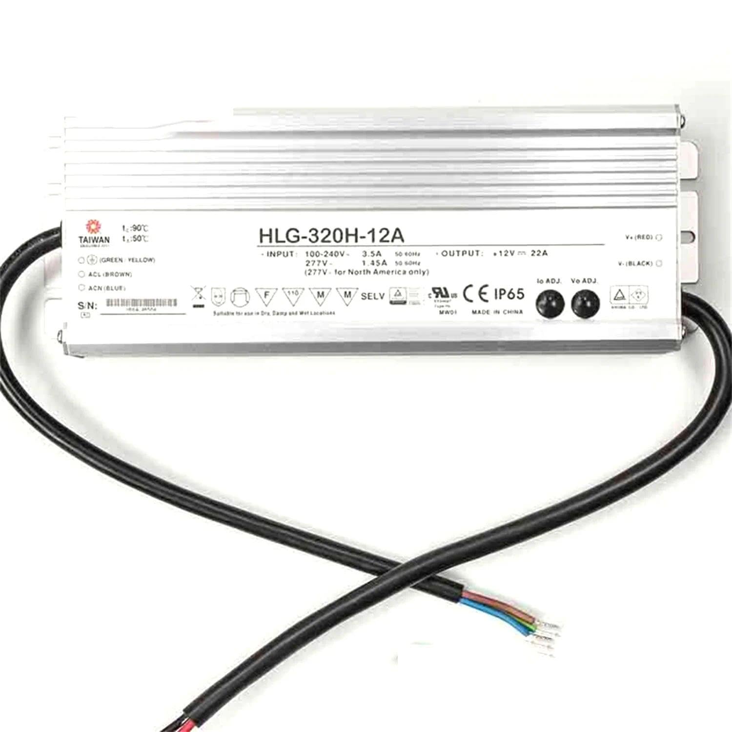 HLG-320H-12A Industrial Power Supply, 12V 22A 264W, Constant Current+Voltage, Metal Case, PFC, IP67/IP65, -40°F to 194°F, for Indoor/Outdoor Commercial &amp; Industrial Lighting