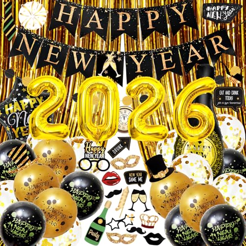 Decoração de Ano Novo 2026, Bandeirinhas Feliz Ano Novo, Decoração de Ano Novo em Ouro Preto, Cortinas Metálicas Douradas, 2026 Balões para Festa de Ano Novo, Acessórios para Fotos