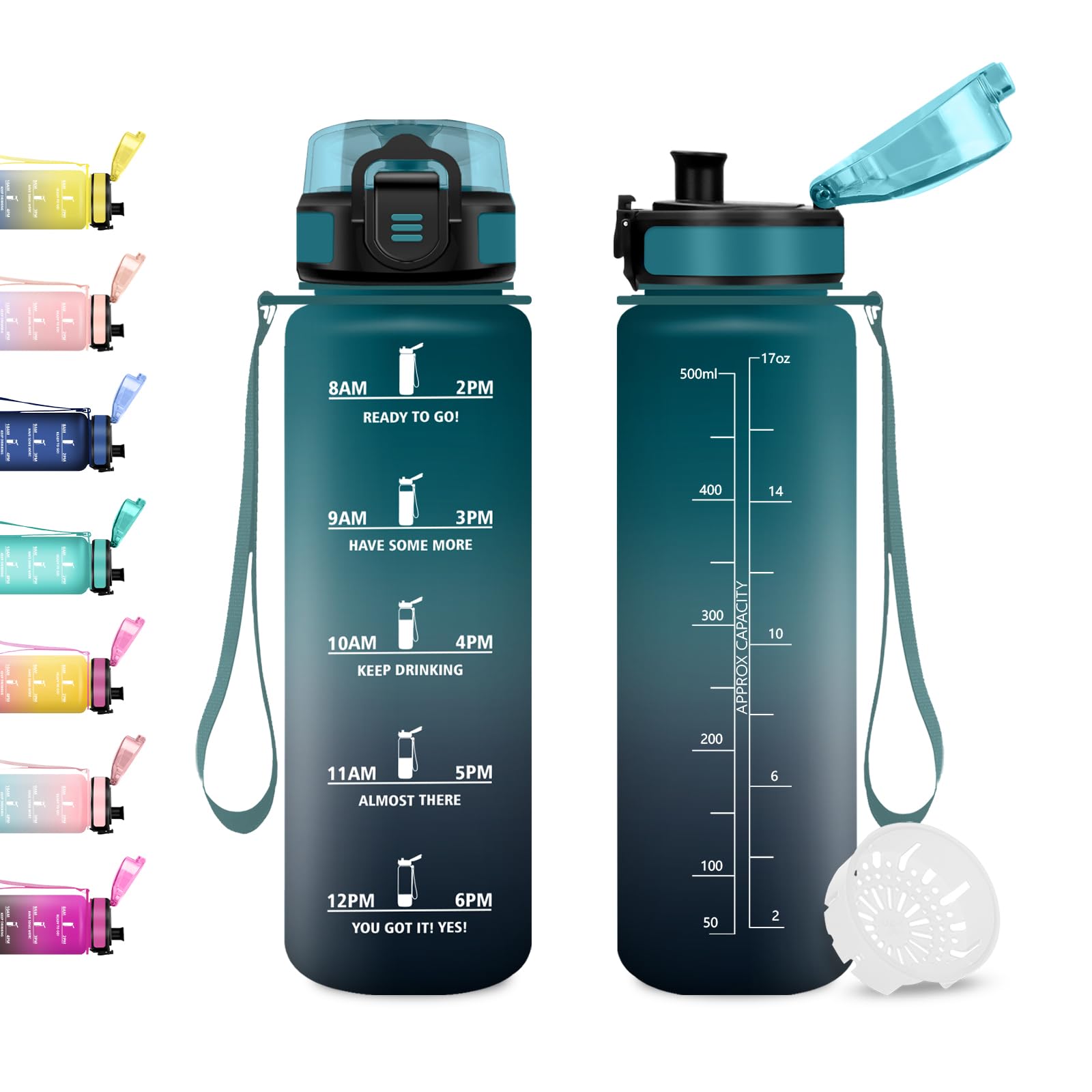 JAPORIA 500ml Water Bottle with Filter, Leak-proof Sports Water Bottle with Time Indicator for Running, Travel, Yoga