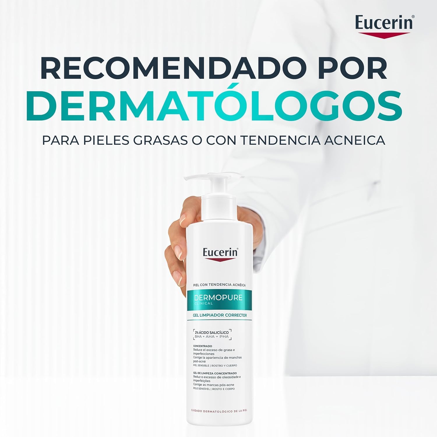 Eucerin DermoPure Clinical Gel Limpiador Corrector (400 ml), limpiador facial y corporal contra manchas, imperfecciones y brillos con Ácido Salicílico, para piel con tendencia acneica