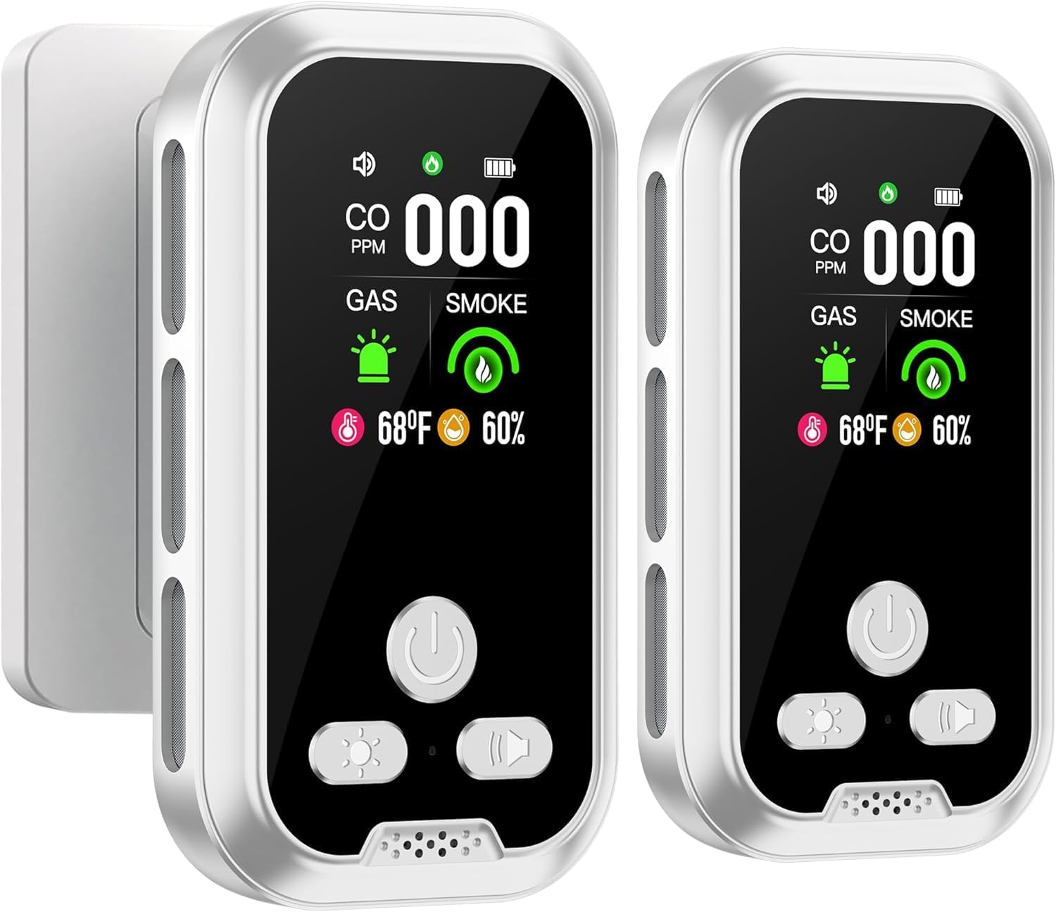 Two HAKINAKU HD11 5-in-1 detectors plugged into wall outlets, displaying CO, Gas, Smoke, Temperature, and Humidity readings on their screens.