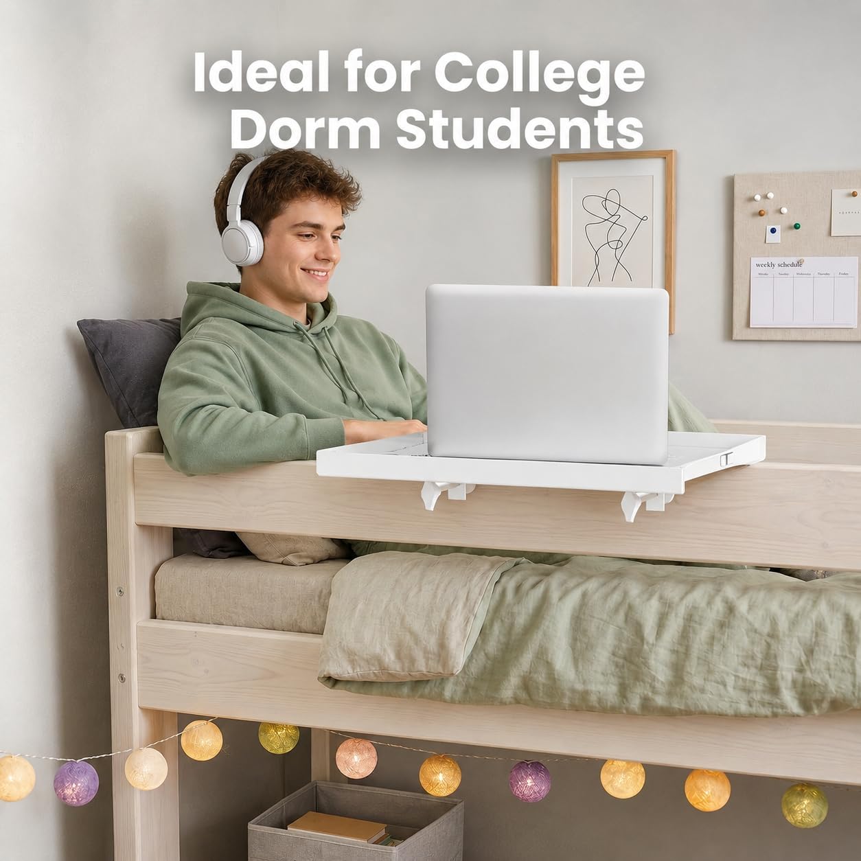 Bedside Shelf Metal, Metal Clip on Bedside Table Shelf for top bunk,Bedside Caddy for College Dorm Room Essentials for Guys(White)