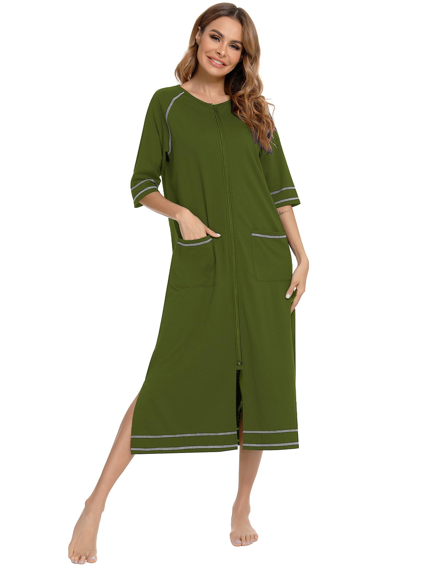 Citridarll Summer Robe with Zipper For women Lightweight Housecoat Half Sleeve Long Nightgown Soft Loungewear with Pockets, Army Green, Medium