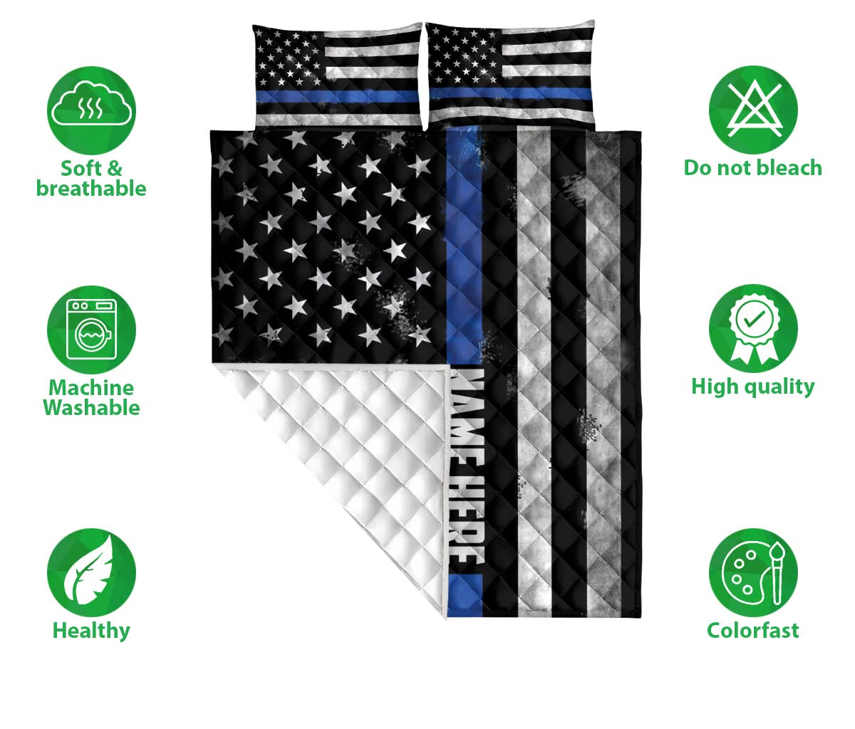 OhaPrints Custom Police Thin Blue Line American Flag Back The Blue Personalized Name Quilt Blanket & Pillowcases, Bedding Set & Pillow Cover, King Queen Double Twin Throw Full Size Bedspread Bed