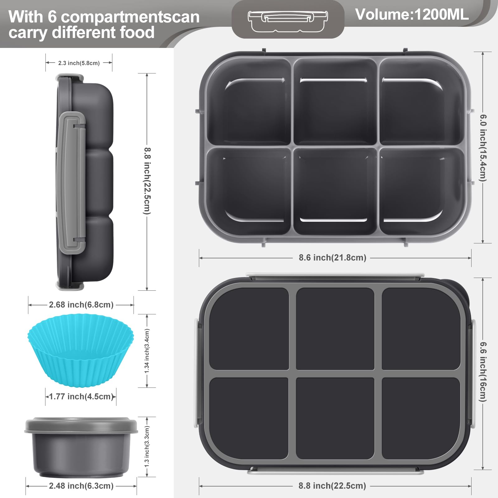 Amathley Brotdose Kinder mit FäChern,Bento Box Kinder,Brotdose Erwachsene,1200ml Lunchbox snackbox mit 6 FäChern,Saucenbehälter,10 Cartoon Bento Obstgabeln und 4 Muffinförmchen (Dunkelgrau) - 3