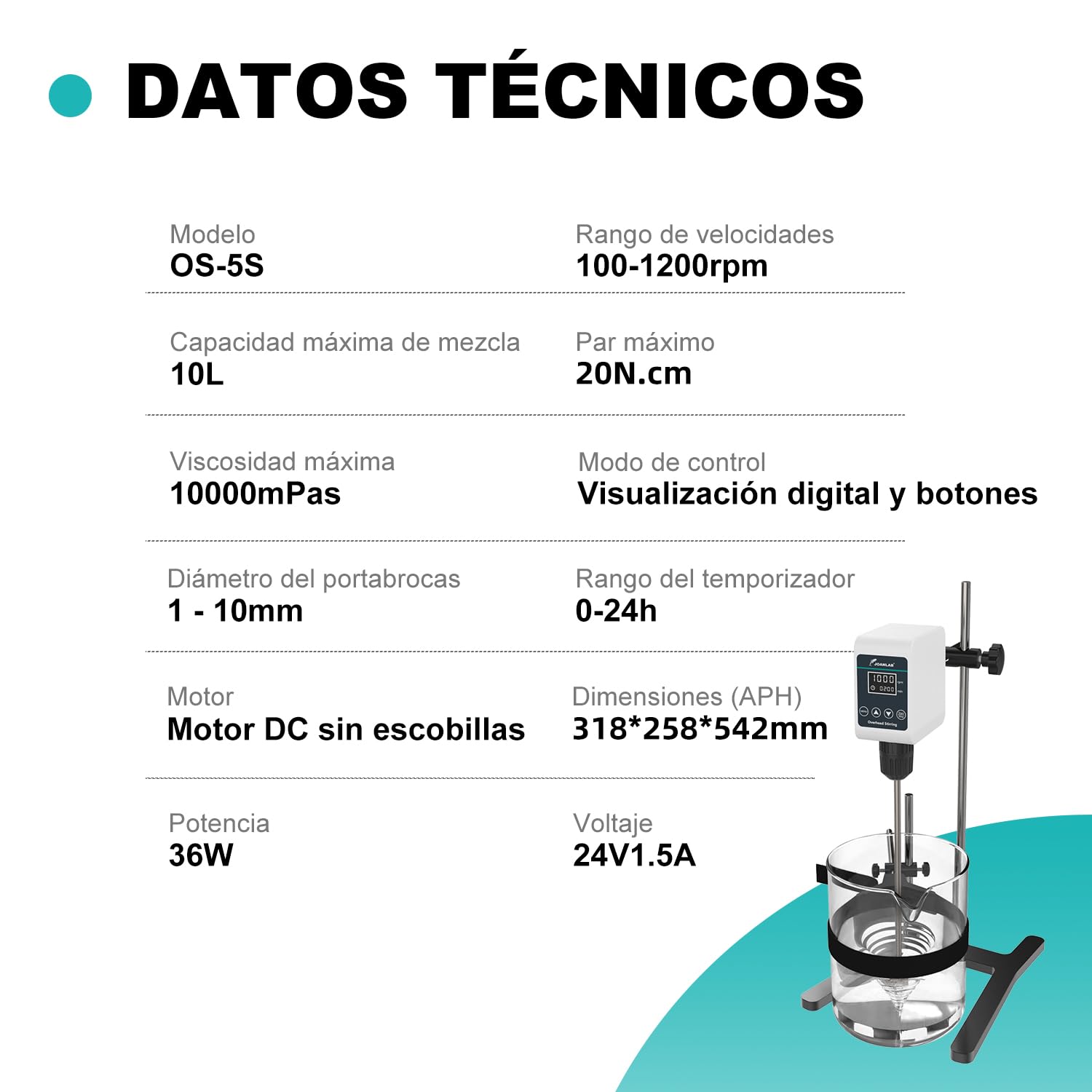 JOANLAB Agitador de Sobremesa Overhead Stirrer, Mezclador de Laboratorio 36W con Paleta y Soporte Inox, Velocidad Ajustable 100-1200 RPM, Temporizador Digital 1min-24h, para 10L & 20000 mPas(OS-5S)