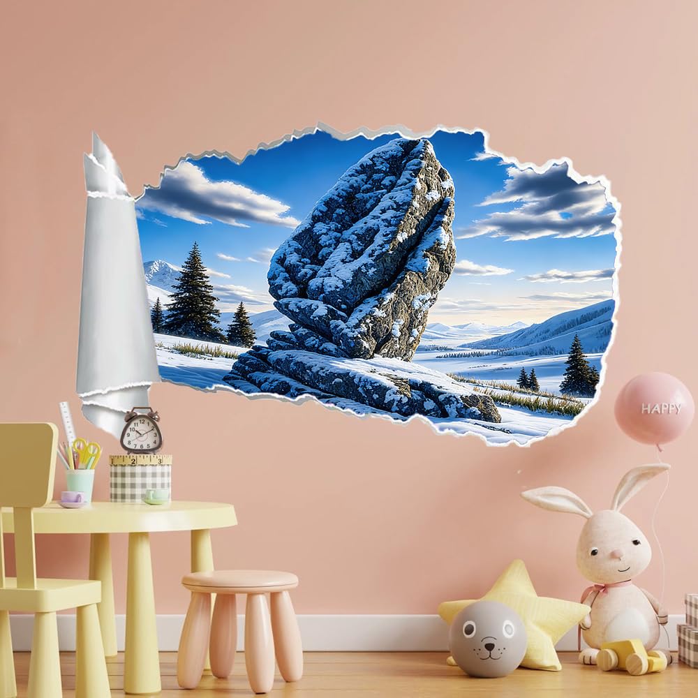 3D Durchbruch Wandtattoo Mädchen Kinderzimmer Stein Wandaufkleber Dekorative Winterliche Naturlandschaft Wandsticker für Junge Teenager Zimmer Wohnzimmer Schlafzimmer Wandbilder Deko