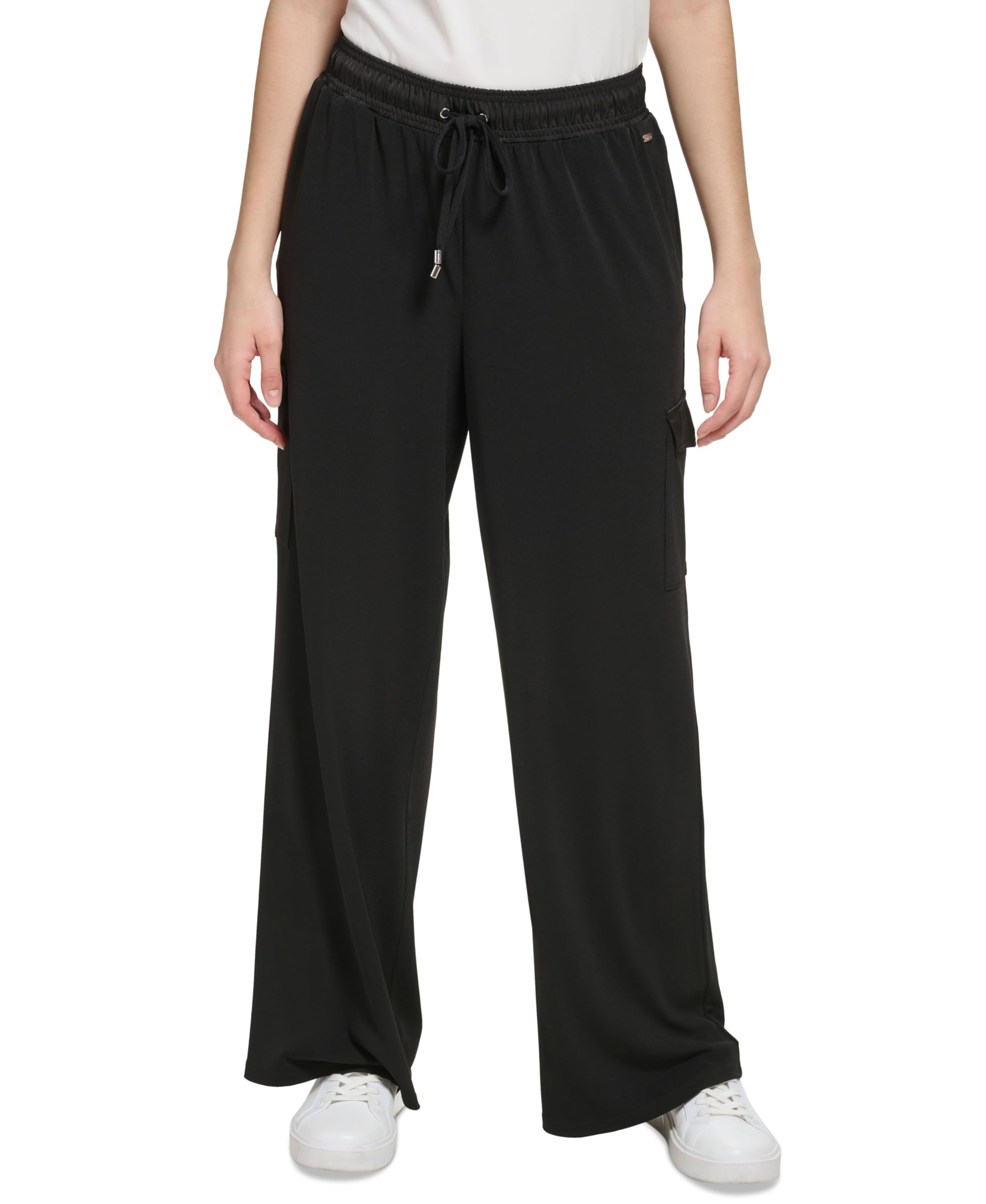 Calvin Klein Womens Drawstring Wide-Leg Pull-On Cargo Pants Black M