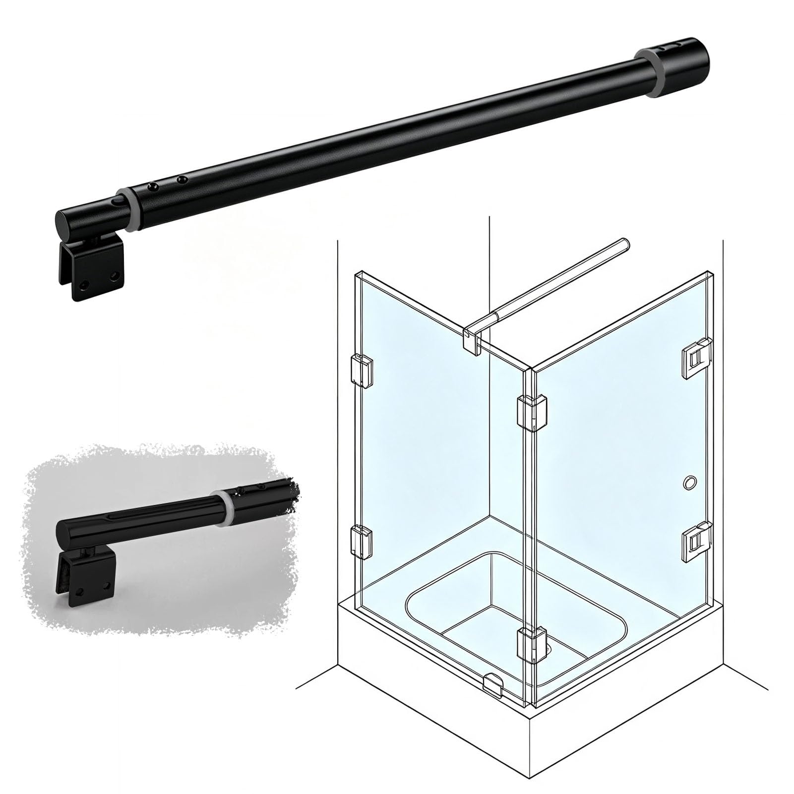 Barra de Soporte a Pared para Panel de Puerta de Ducha sin Marco | Brazo Telescópico de Sujeción para Mampara de Baño (zona de Ducha Abierta)(Black,800–1000mm (31.5–39.4in))