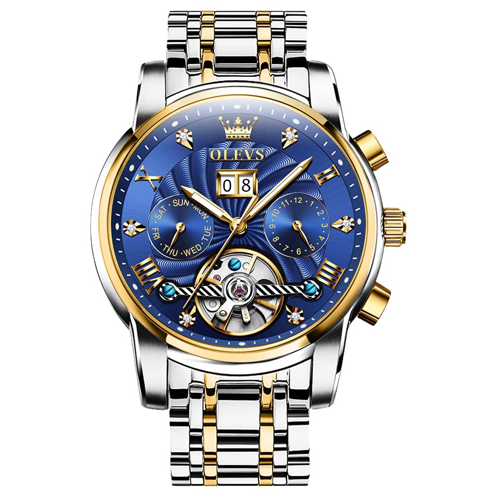 OLEVS Orologio Uomo Automatico Meccanico – Acciaio Inox, Fase Lunare, Impermeabile, Con Tourbillon