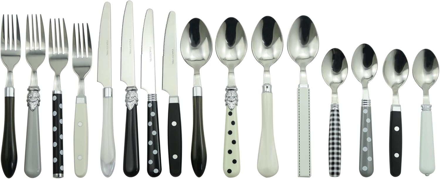 The Original Brink House Eclectic Black & White Mix & Match Stainless Steel Cutlery Set / 16 pieces with Metal Stand/Lifestyle utensils set for home, first apartment, dorm, dinner parties