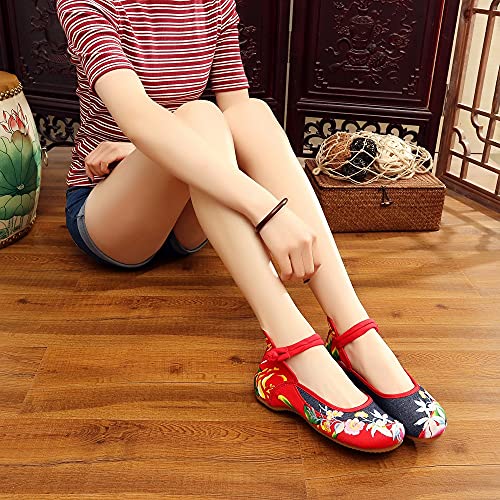 Chinese Women Flats Shoes Casual Chinese Embroidered Cloth Denim Canvas Drive Shoes Woman (Color : Red, Size : 10 Code) (Red 12 Code)2