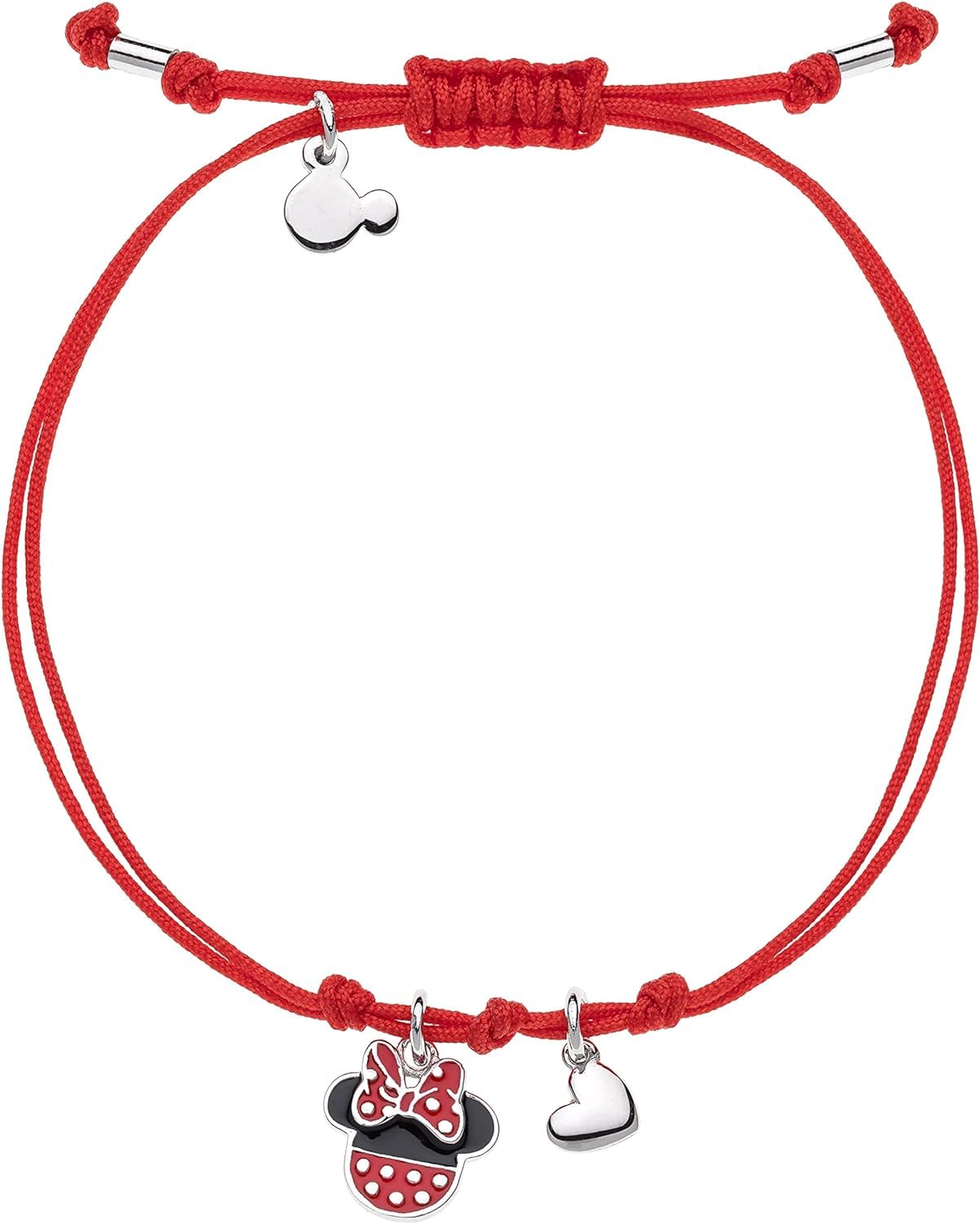 Disney Bracelet Minnie en Argent 925 pour Femme, Cordon Macramé Rouge Réglable avec Charm Minnie Émaillé et Cœur Pendentif, Bijou sous Licence Officielle