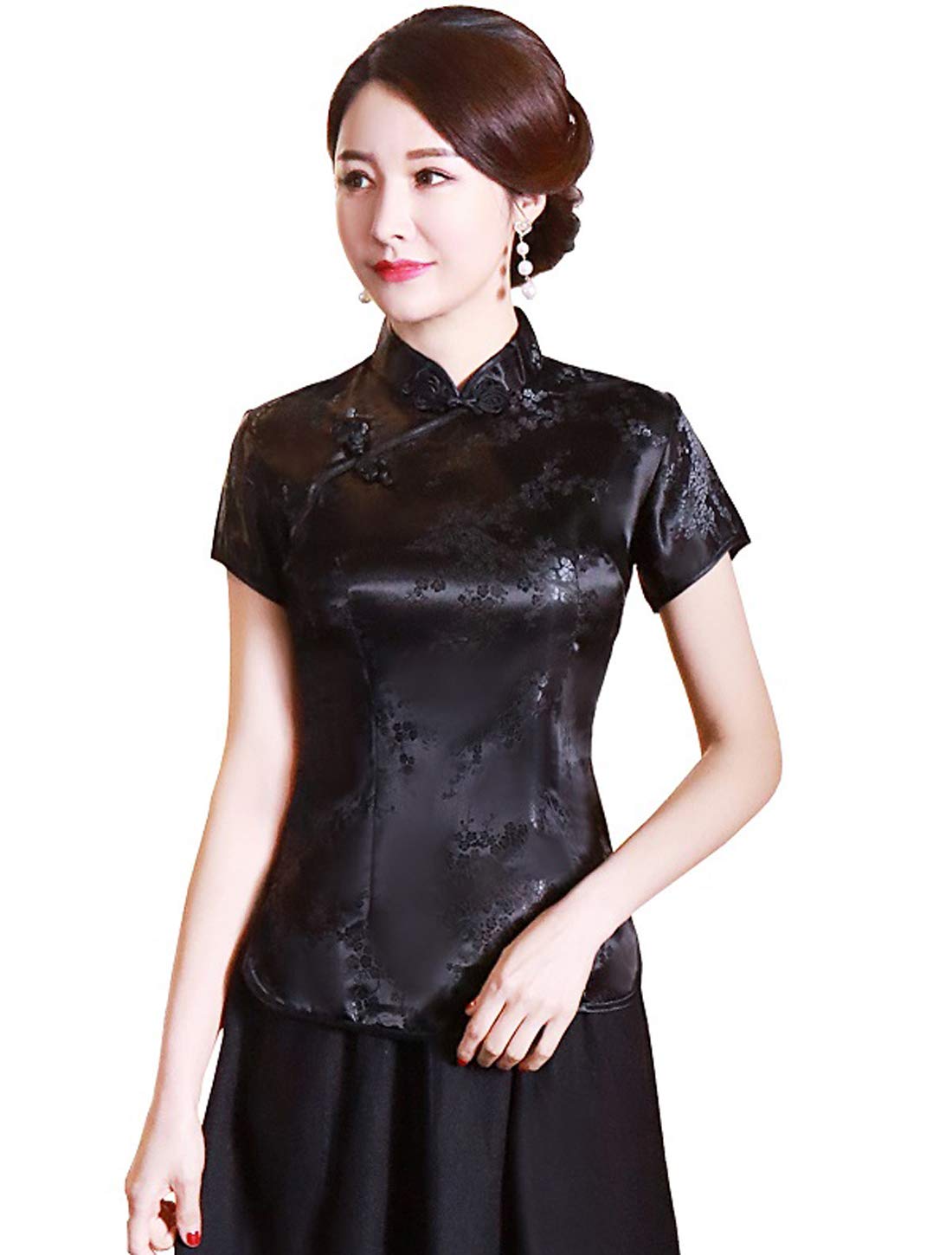 XueXian Women's Floral Flower Satin Brocade Qipao Top Mandarin Collar Chinese Shirt Blouse Tang Suit (8, Black)
