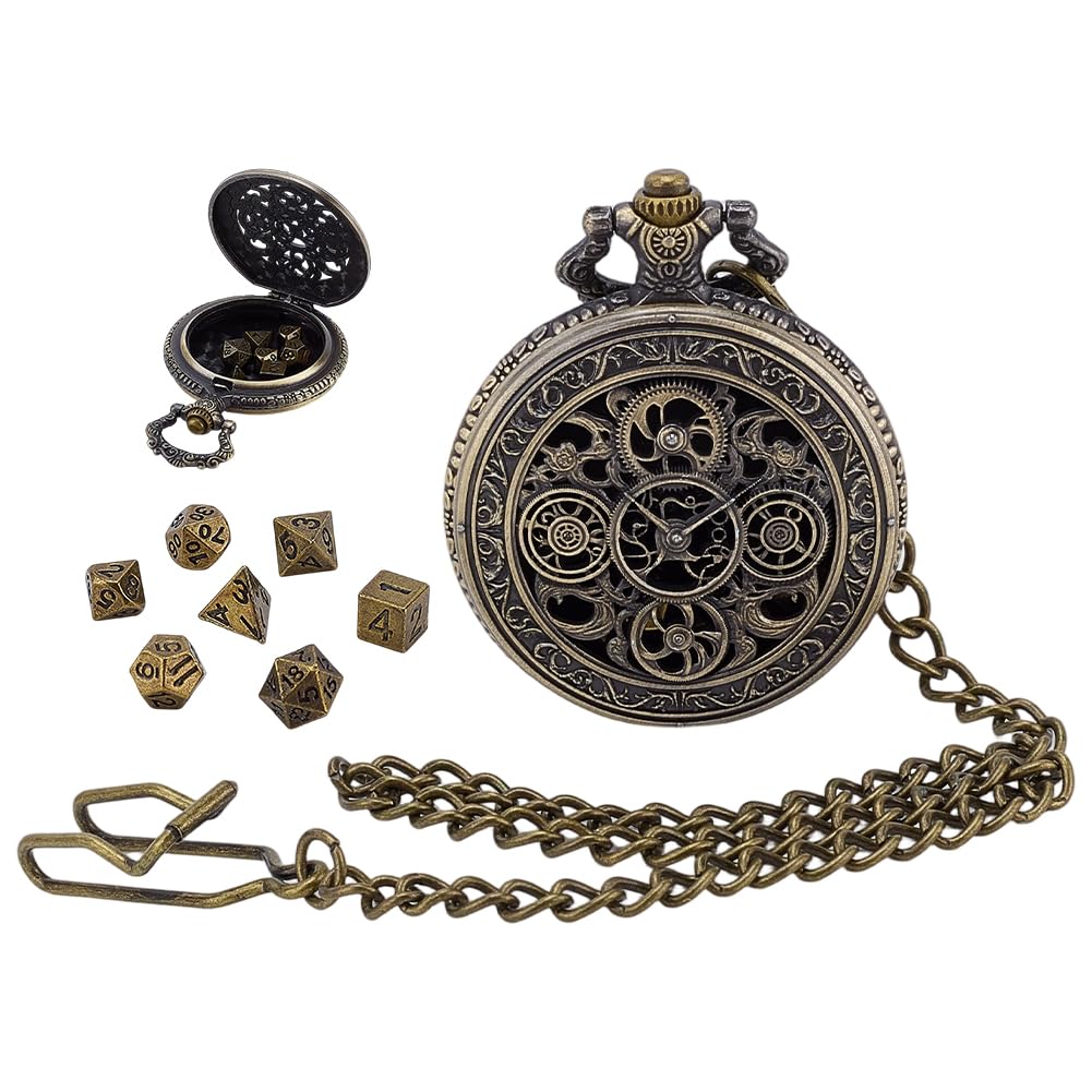 PH PandaHall DND Würfel Set, Hohler Zahnrad-Uhrenbecher 7 Stück Mini-Metallwürfel mit Taschenuhrkette als Geschenk Dekoration, Dungeons and Dragons, Rollenspiele-Brettspielzubehör, Antikbronze